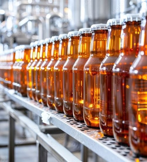Close-up of the bottling line with beer at the beer factory Stock-Illustration